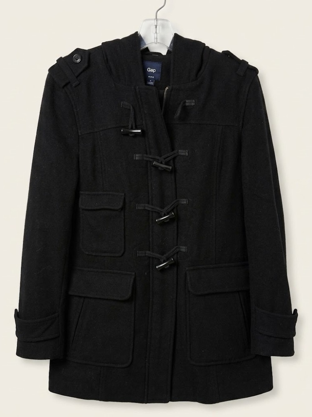 EUC Vintage Gap Wool Blend Hooded Duffle Coat Black Toggle Jacket Small